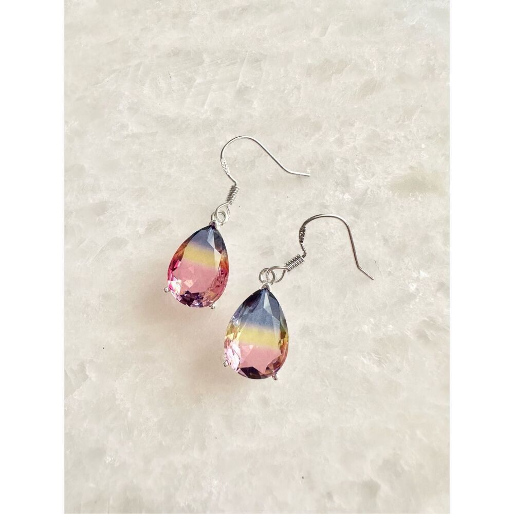 Pink, yellow, and blue ombre pear cut earrings